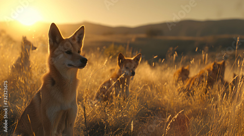 Dingo family standing in front of the camera in the rocky plains with setting sun. Group of wild animals in nature. © linda_vostrovska