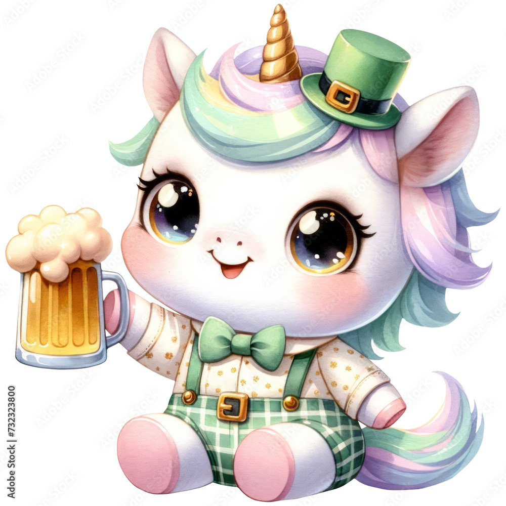Obraz premium Cute Unicorn Irish Leprechaun holding a Glass of Beer, Happy Saint Patrick's Day Animal, Watercolor Cartoon Character, Celebration, Isolated on Transparent Background. Generative AI