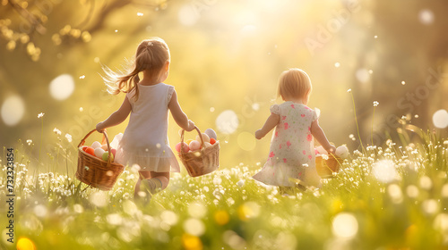 Children holding baskets with colorful Easter eggs in a meadow with grass and spring flowers. Celebration, Tradition, Happiness and Childhood concept.