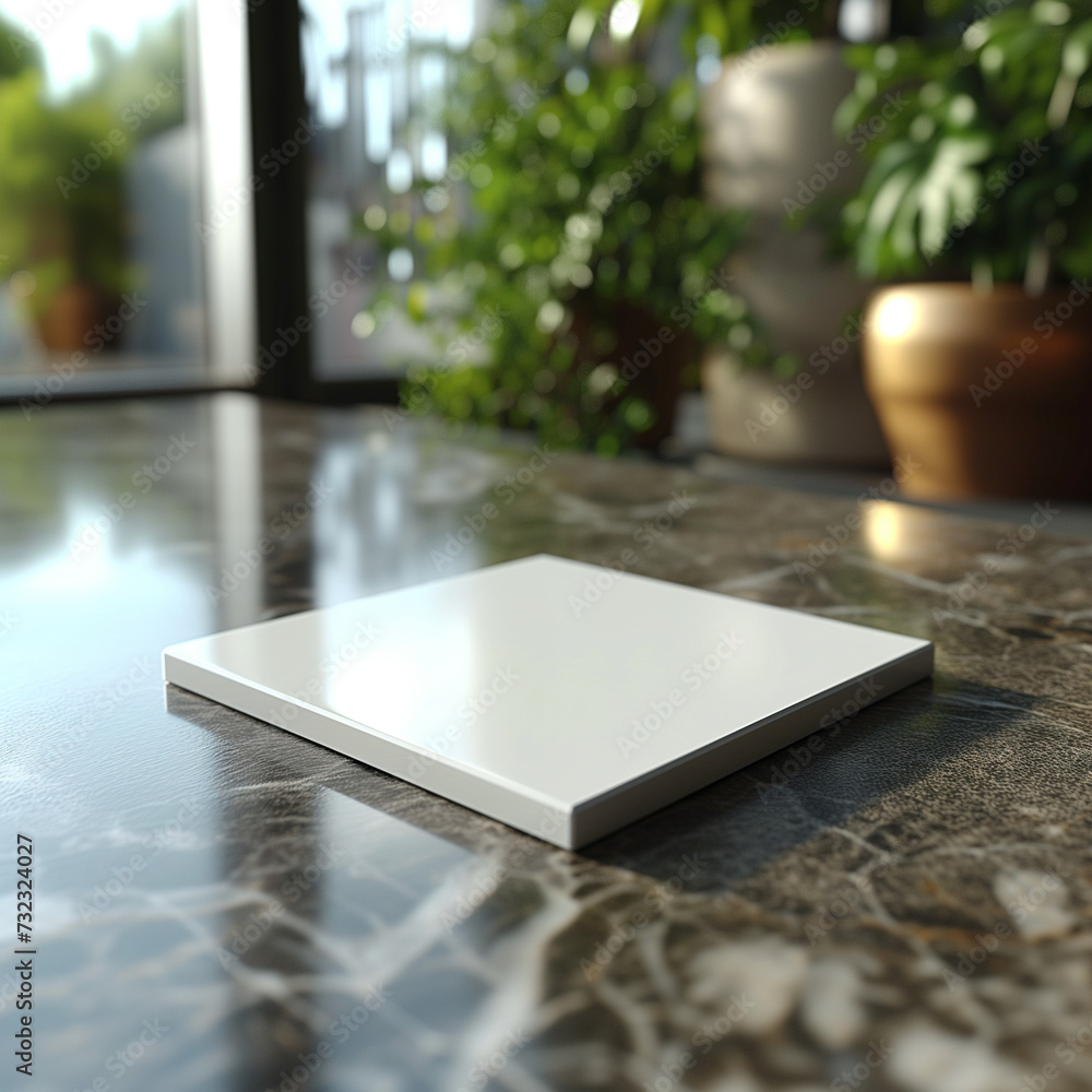 Blank White Tile on a Marble Surface in a Sunlit Room Blank White Tile on a Marble Surface in a Sunlit Room