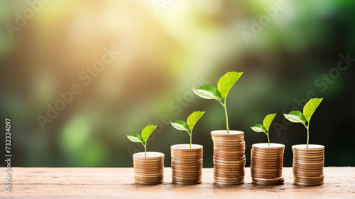 A stack of coins rests on a wooden table, complemented by a thriving green plant. Symbolizing the integration of ESG principles into financial decisions, this image embodies the concept of sustainable