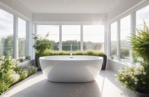 elegant modern stylish bathroom with bath tub  big windows with natural view