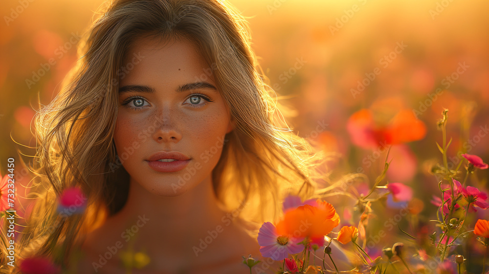 Radiant Young Woman in a Sunlit Field of Wildflowers Radiant Young Woman in a Sunlit Field of Wildflowers