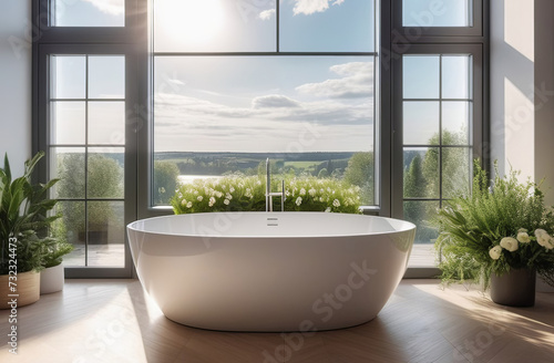 elegant modern stylish bathroom with bath tub, big windows with natural view © Alena Yakusheva
