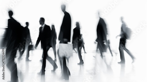 Walking people blurred silhouettes on a white background. Motion outlines of a persons out of focus