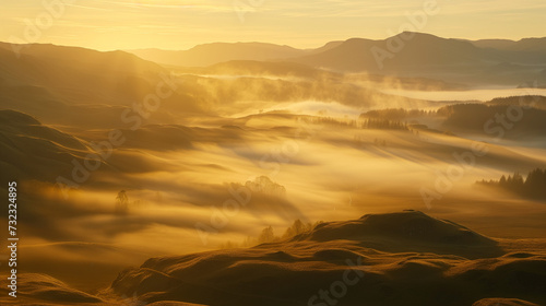 Majestic Sunrise Over Highland Hills, Golden Light Bathing Misty Valleys, Tranquil Morning Landscape, Ethereal Nature Beauty, Rolling Hills with Silhouetted Trees, Serene Dawn Scenery