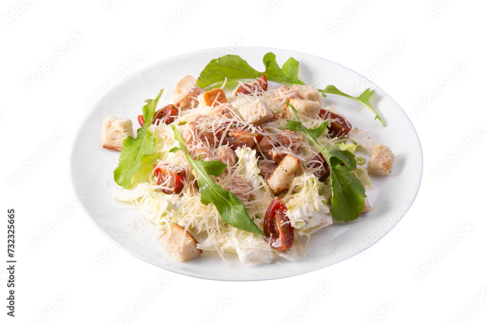 Plate with Traditional Caesar Salad with Chicken and Bacon isolated on White Background Plate with Traditional Caesar Salad with Chicken and Bacon isolated on White Background