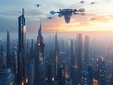 Drone perspective of a futuristic city skyline with innovative building design