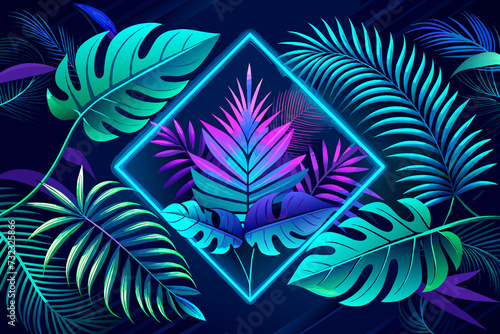 Neon Light with tropical leaves, Generative AI