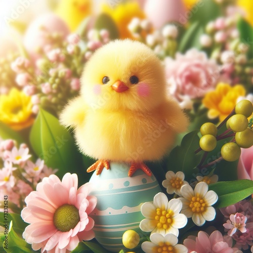 Close-up of a cheerful Easter chick surrounded by spring flowers Cute and whimsical Adds a playful touch to Easter-themed designs  © Franco di Giacomo