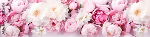 Beautiful background of fresh pink peonies in full bloom, close-up, top view. The concept of a happy Mother's Day, birthday or Valentine's Day greeting card.