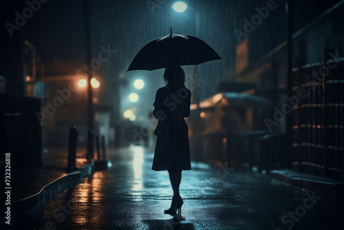 AI generated illustration of a silhouette of a female under an umbrella in a gloomy city