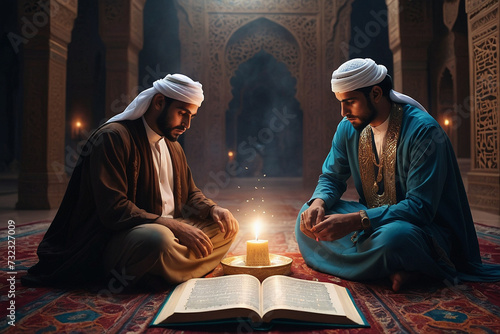 higher-ups, 8K Ultra HD, fantastic full color, different Muslim guy holding prayer beads and reading from the Quran