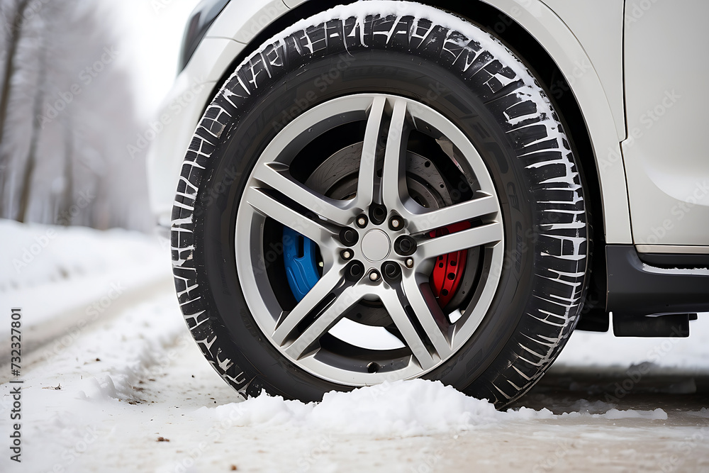 A close up of a tire on a car in the snow