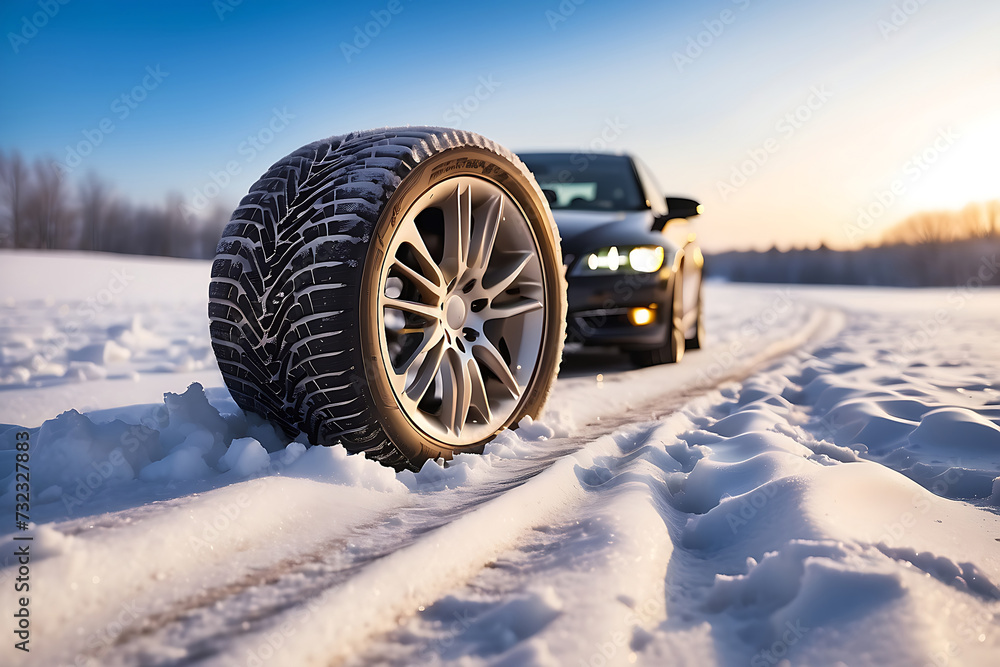 A tire on the side of a car on a snowy road