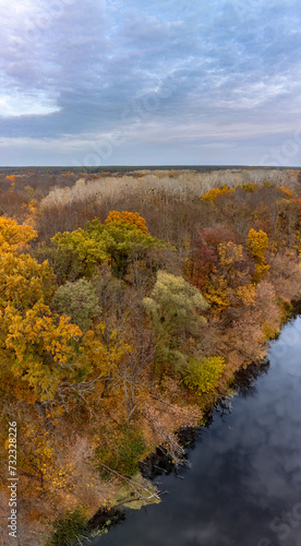 Aerial river with colorful autumn trees forest with cloudy sunset sky.Autumnal riverside in Ukraine. Vertical panorama