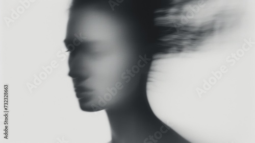 Woman portrait on white background. Blurred female face out of focus. Mysterious portrait in fashion art style.