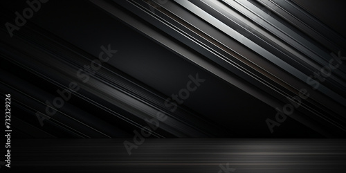 Black geometric abstract background striped background with gradient 3d illustration, Glossy black background with silver outline. 