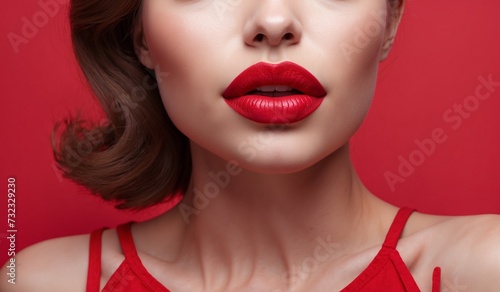 Female lips in red lipstick, close-up. Red background
