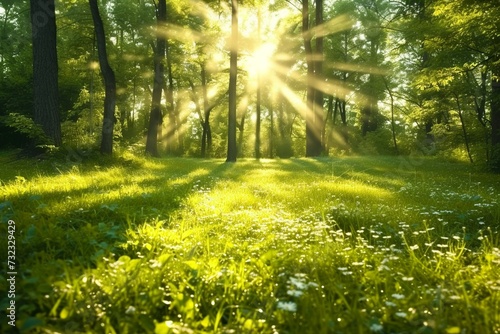 Sunlight in the green forest, spring time. generative ai.
