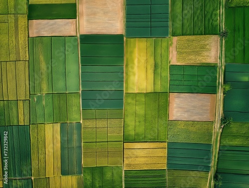 Top-down view of patchwork fields of crops in agricultural regions photo