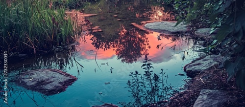 The natural landscape of a lake reflects the sunset  creating a beautiful artistic display on the water s surface.