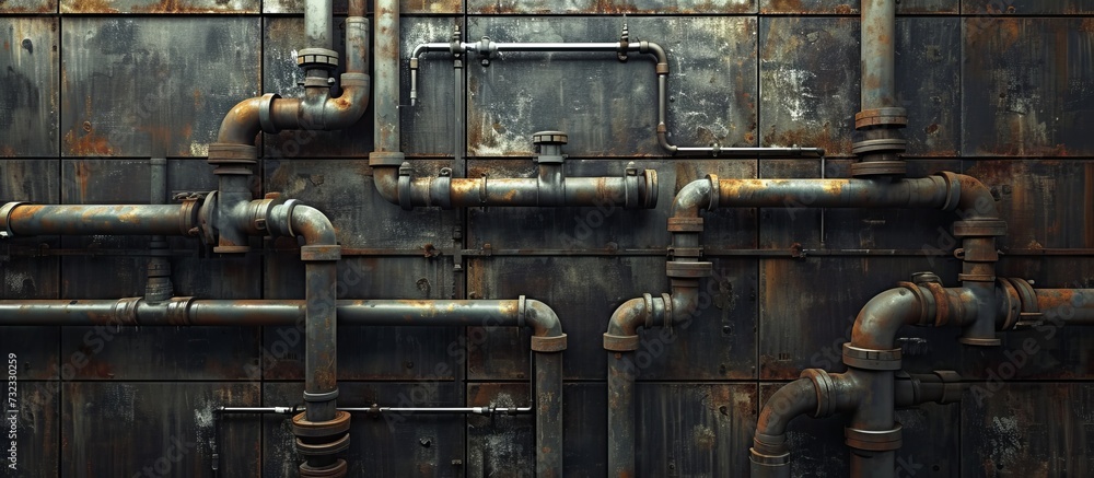 A collection of corroded pipes, made of metal and steel, are arranged on a wall. These pipes are often used in gas, building, engineering, and machine applications. A collection of corroded pipes, made of metal and steel, are arranged on a wall. These pipes are often used in gas, building, engineering, and machine applications.