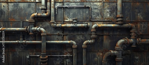 A collection of corroded pipes, made of metal and steel, are arranged on a wall. These pipes are often used in gas, building, engineering, and machine applications.