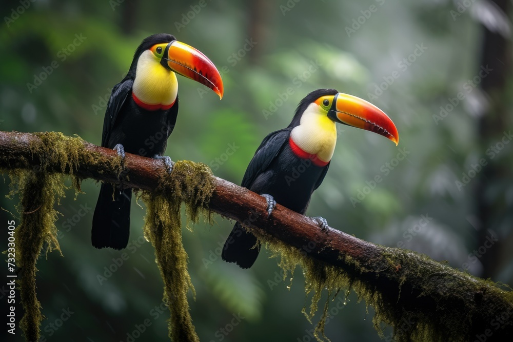 Two toucans sitting on a branch in the rainforest, toucan tropical bird sitting on a tree branch in natural wildlife environment, Ai generated Two toucans sitting on a branch in the rainforest, toucan tropical bird sitting on a tree branch in natural wildlife environment, Ai generated