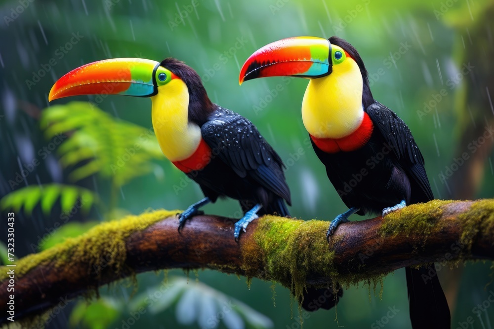Fototapeta premium Two toucans sitting on a branch in the rainforest, toucan tropical bird sitting on a tree branch in natural wildlife environment, Ai generated