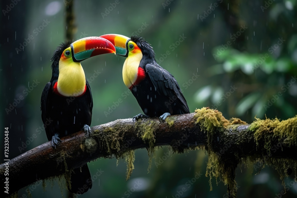 Obraz premium Two toucans sitting on a branch in the rainforest, toucan tropical bird sitting on a tree branch in natural wildlife environment, Ai generated