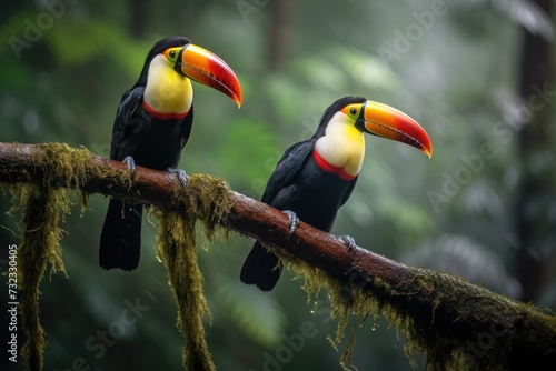 Two toucans sitting on a branch in the rainforest, toucan tropical bird sitting on a tree branch in natural wildlife environment, Ai generated