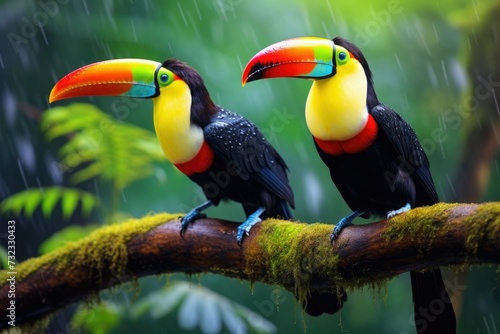 Two toucans sitting on a branch in the rainforest, toucan tropical bird sitting on a tree branch in natural wildlife environment, Ai generated © Tanu