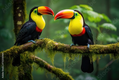 Two toucans sitting on a branch in the rainforest, toucan tropical bird sitting on a tree branch in natural wildlife environment, Ai generated © Tanu