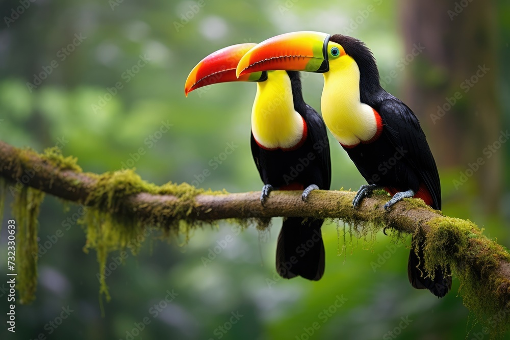 Two toucans sitting on a branch in the rainforest, toucan tropical bird sitting on a tree branch in natural wildlife environment, Ai generated Two toucans sitting on a branch in the rainforest, toucan tropical bird sitting on a tree branch in natural wildlife environment, Ai generated