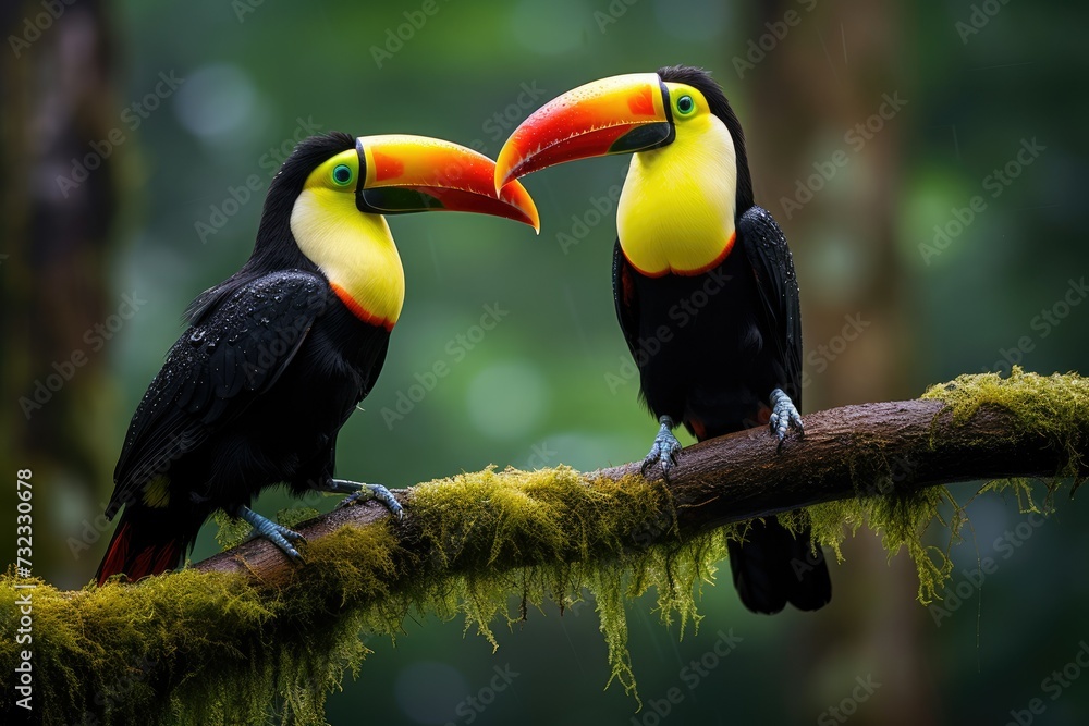 Obraz premium Two toucans sitting on a branch in the rainforest, toucan tropical bird sitting on a tree branch in natural wildlife environment, Ai generated
