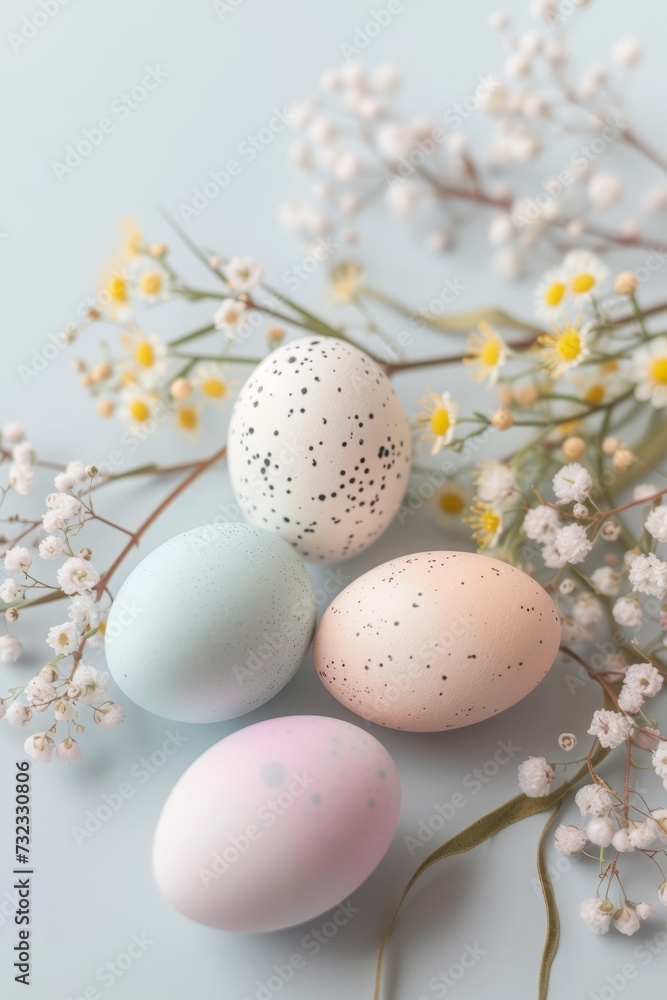 Easter concept. pastel speckled eggs and spring flowers. a greeting card. copy space.