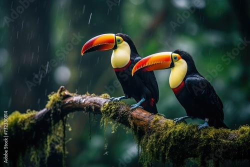 Two toucans sitting on a branch in the rainforest  toucan tropical bird sitting on a tree branch in natural wildlife environment  Ai generated