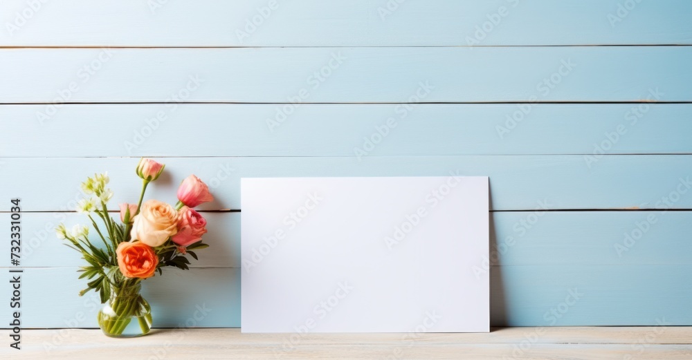 Elegant blank greeting card on a table with flowers for Valentine's, Birthday, Women's, or Mother's Day Elegant blank greeting card on a table with flowers for Valentine's, Birthday, Women's, or Mother's Day