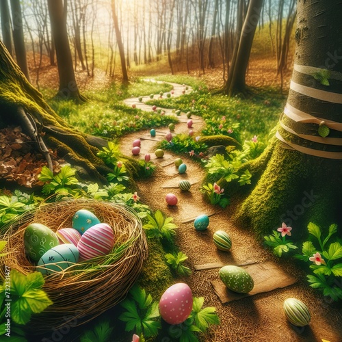 Close-up of a festive Easter egg hunt trail winding through a picturesque woodland filled with budding trees and chirping birds Adventurous and scenic Perfect for depicting outdoor Easter activities 