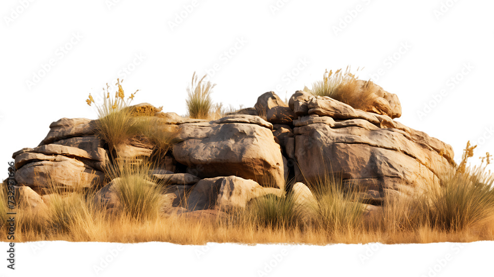 savanna dry grass meadow shrubs with rocks isolated on white transparent png