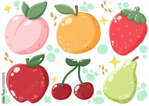 Fototapeta Naklejka Na Ścianę i Meble -  fruit set. Fruit Collection with Peach, orange, strawberry, apple, cherry, pear in Illustration. hand draw Illustration. Fruit icon.