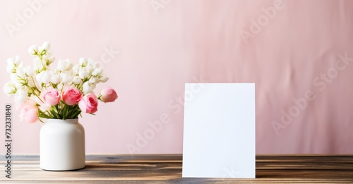 Elegant blank greeting card on a table with flowers for Valentine's, Birthday, Women's, or Mother's Day