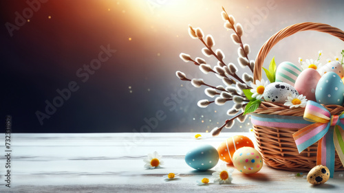 Colorful Easter eggs in the basket with with willow branches on wooden background with copy space