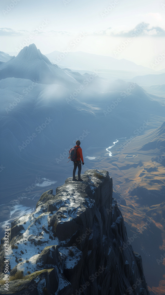 Hiker on Highland Peak Overlooking Vast Glacial Valleys, Majestic Mountain Vista, Adventure Travel, Solitude in Wilderness, Nature Exploration, Achieving Summit, Panoramic Scenic View