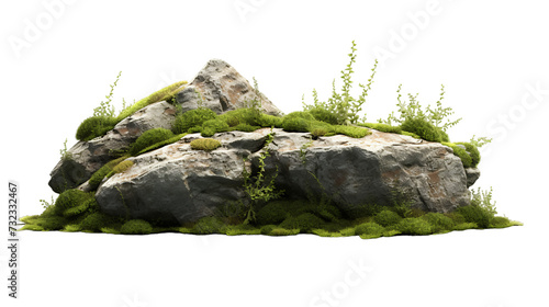 granite rocks on forest ground with green grass and shrubs on it isolated on white transparent png
