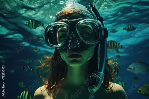 Young woman wearing snorkeling gear underwater, Underwater background of a woman snorkeling and doing freediving, Ai generated © Tanu