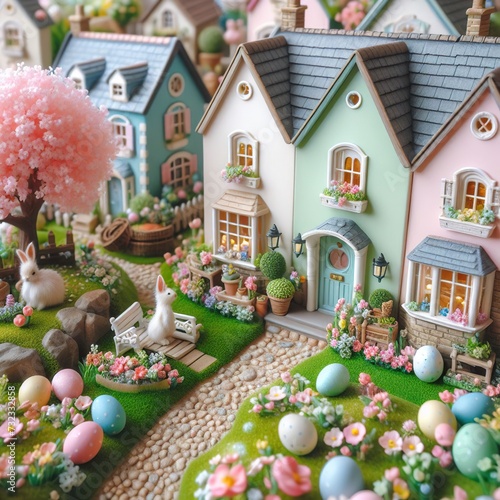 Close-up of a quaint Easter village scene with pastel-colored cottages and blooming gardens Charming and nostalgic Perfect for creating a whimsical Easter atmosphere 