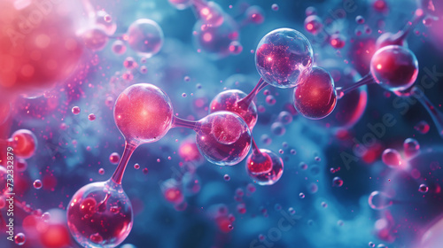 Digital artwork of 3D rendered molecules with a dynamic structure, glowing in hues of blue and red with a bokeh effect background.