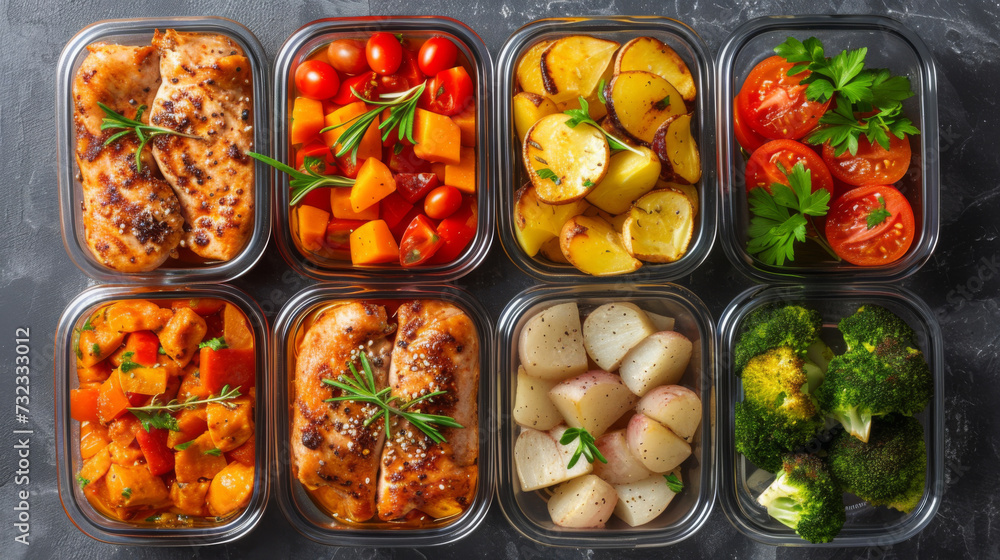 Assorted meal prep containers lined up, each filled with a portion of grilled chicken breast, a variety of roasted vegetables, and garnished with fresh herbs. Assorted meal prep containers lined up, each filled with a portion of grilled chicken breast, a variety of roasted vegetables, and garnished with fresh herbs.
